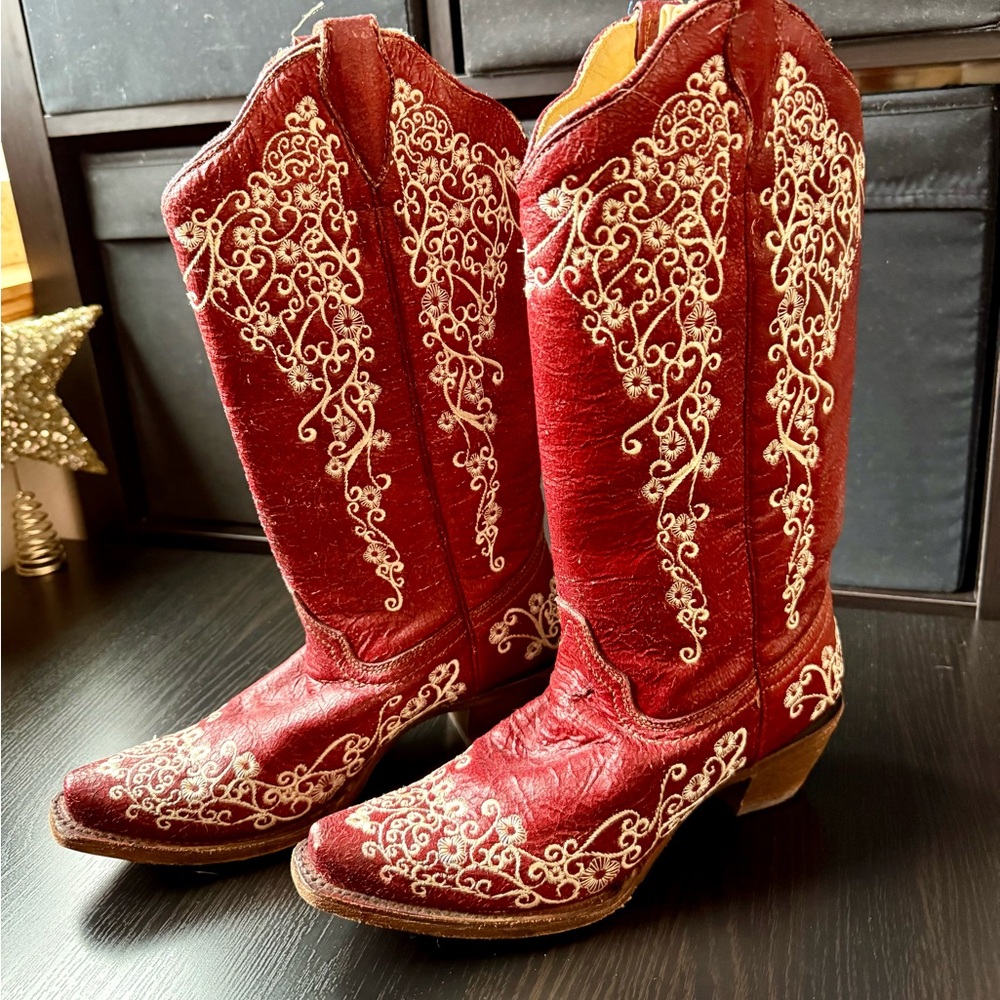 Corral Red Embroidered Western Boots Tall Leather Cowgirl Boots Size 7.5M NWOT - Picture 6 of 15